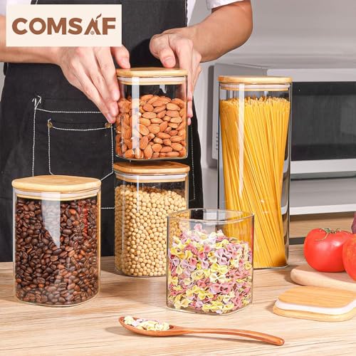Image of ComSaf Airtight Glass Storage Canister with Wood Lid (50oz), Clear Food Storage Container Jar with Sealing Bamboo Lid (20oz*3 /30oz /37oz /74oz)