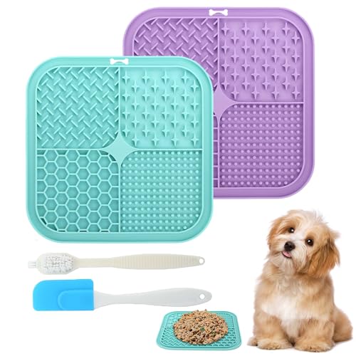 UFLIX Dog Lick Mat 2 Pcs-Slow Feeding Licking Pads with Suction Cups for Anxiety Relief & Boredom, Pet Calming Enrichment Mat for Dogs & Cats (1 Scraper + 1 Cleaning Brush) (Green,Purple, Standered)
