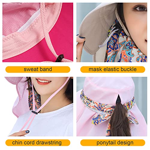 Image of Women Wide Brim Face Mask Sun Hat Detachable Neck Face Flap Ponytail UV Protection Visor Hat Garden Fishing Hiking