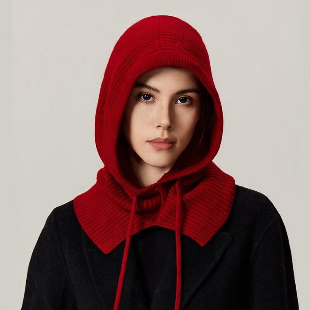 100% Wool Balaclava Hood Hat, Ribbed Knit Winter Hooded Scarf, Unisex Warm Neck Warmer for Autumn, Trendy Beanie Cap