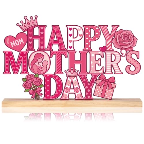 Roowest Metal Happy Mother's Day Tabletop Sign Mother's Day Table Decoration Centerpiece Freestanding Holiday Tiered Tray Decor with Wooden Base for Home Office Desk Shelf Mantel Fireplace Party Gift