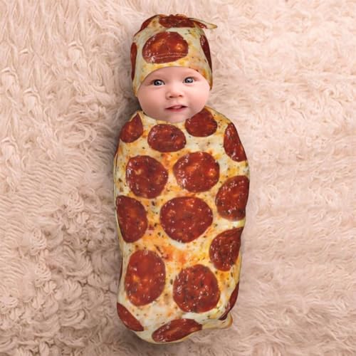 Image of Burrito Pizzas Newborn Swaddling Blanket Beanie Hat Sets Soft Baby Receiving Funny Food Blanket Soft Sleeping Bag New Born Soft Sleep Sacks for Boys Girls
