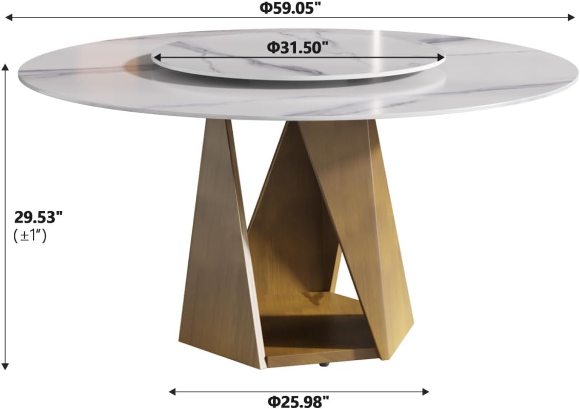 Leavader 59" Round Marble Dining Table with 31.5" Detachable Turntable Design, Modern White Artificial Dining Room Table for 6-8 (White & Gold)