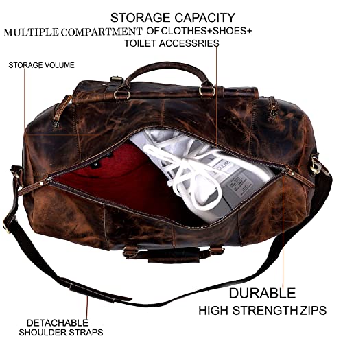 Genuine buffalo Leather Travel Duffel Bag, Large Handcrafted Weekender, vintage Overnight Bag for Men with Shoe Compartment, Detachable Shoulder Strap & Internal Sections for Cards & Cell Phone3