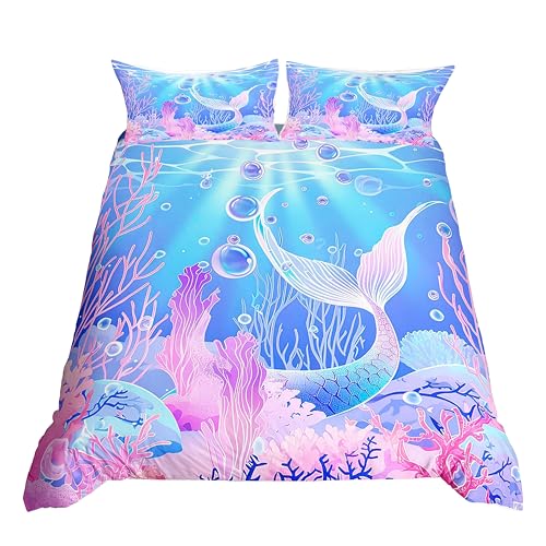 Erosebridal Mermaid Tail Bedding Set,Nautical Sea Animal Duvet Cover Queen Size for Kids Child,Sparkle Fish Scale Comforter Cover Ocean Sealife Bed Sets Blue Purple Coral Sea Bedroom Decor