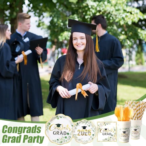 Image of Funnymoom 452 Pcs Class of 2026 Sage Green Graduation Decoration Party Supply for 50, Green Gold Eucalyptus Congrats Grad Paper Plates Napkins Cup Tablecloth Cutlery for Freshly Graduated Decoration