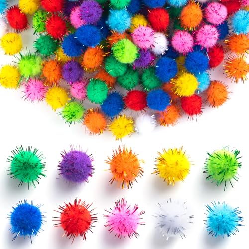 Alpinleux 200 Pcs Glitter Pom Pom Balls Assorted Sparkle Pom Poms Glitter Fluffy Craft Pompoms Multicolor Soft Pompoms for Art Crafts DIY Decorations (0.59 inch)
