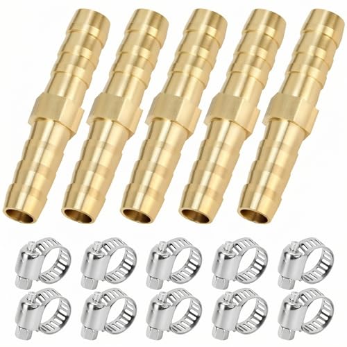 QWORK® 5 pièces raccord de tuyau en laiton de 6mm, avec 10 pinces, raccord de tuyau droit à 2 voies