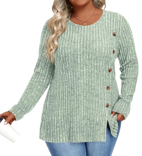 Image of HOTGIFT Womens Plus Size Sweater Tops Long Sleeve Crewneck Casual Tunic Shirts Buttons XL-5XL Blouse Soft Comfy Fashion