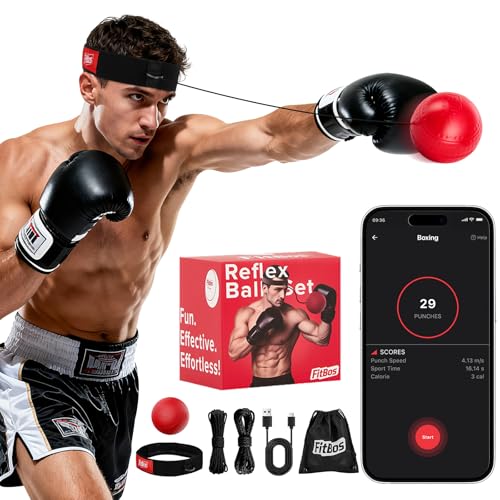 FitBos Boxing Reflex Ball Upgraded with Bluetooth Punch Counter App, Rechargeble Boxing Ball with...