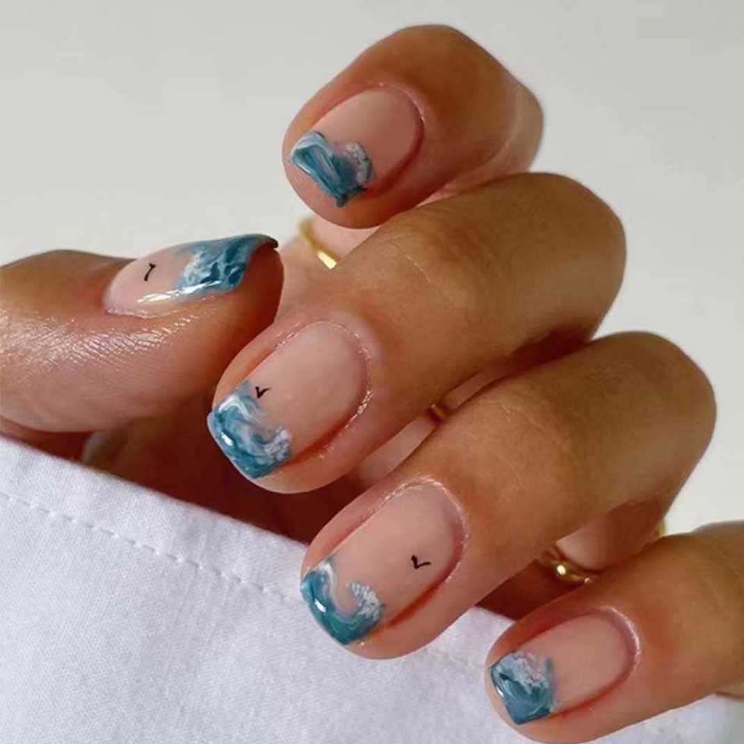 Enppode 24pcs French Tip Press on Nails Short Blue Acrylic Fake Nails Ocean Design False Nails Square Nails for Women