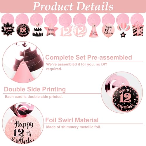 Image of 12th Birthday Decorations for Girls Rose Gold Pink Pre Strung Happy 12th Birthday Banner and Hanging Swirls 12 Year Old Party Decorations Supplies