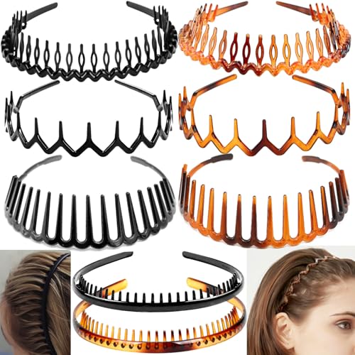 Image of ULTIMUTE 8 PCS Fashion Effortless Plastic Headbands with Teeth Comb Black Skinny Headbands No Slip Hair Accessories Bands for Women Men Teen Girls, Amber&Bright Black