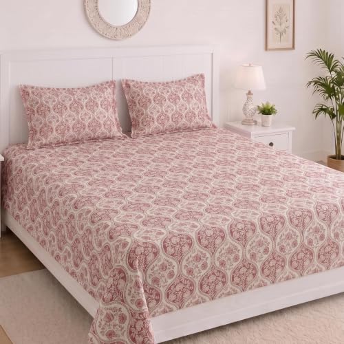 Image of Mafatlal 186 TC Grace 100% Pure Cotton King Size Bed Sheet | 108 x 108 Inch | Fade-Resistant Cotton Bedding Set with 2 Pillow Covers | Rose Wine