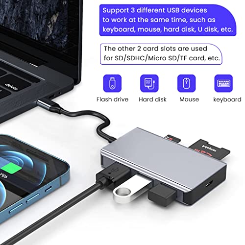 Image of Verilux 6 in 1 Portable Aluminum Type C Hub with TF /Micro SD Card Slot,3 USB 3.0 Ports DC 5V Charging Port Compatible for PC, Laptops,MacBook Pro /Air,Printer