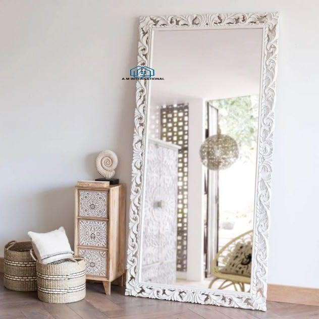 Wooden Carved Wall Mirror Frame Solid Wood, Distress Finish | with Out Mirror | Size 6 * 3 Ft (White Distress) - Rectangular