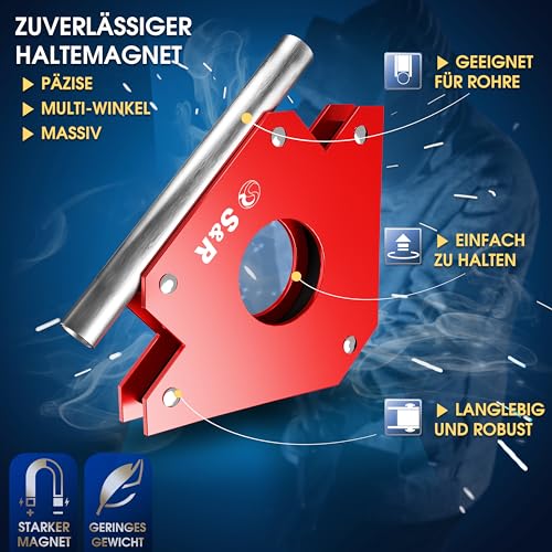 S&R Schweißmagnet 125 mm Montagewinkel in Pfeilform mit Winkeln 45°, 90°, 135°, Schweißhelfer mit hoher Haltekraft, Schweiß-Zubehör, Magnet zum Fixieren Rot