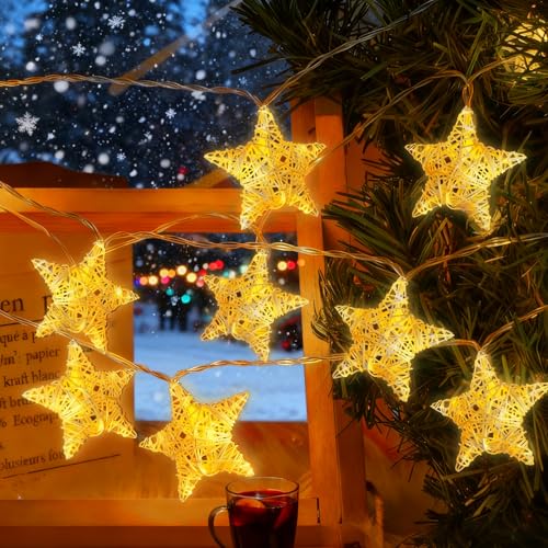 CHENBOOW Stringa Di Rattan Stella,Catena Luminosa Decorativa in Rattan,LED Catena Luminosa,Luci Esterno Natale,per Natale Matrimonio Compleanno Festa Fecorazione Interna ed Esterna