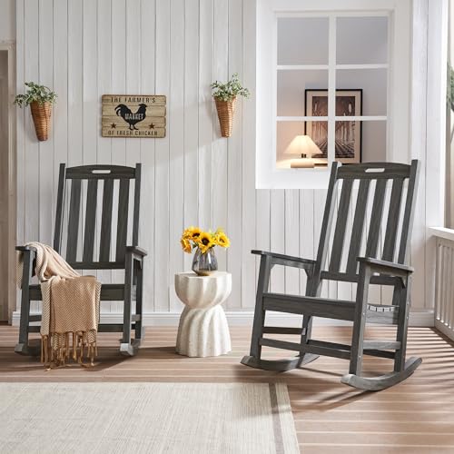Image of Psilvam Outdoor Rocking Chairs Set of 2, Oversized Porch Rocker (Dark Grey)