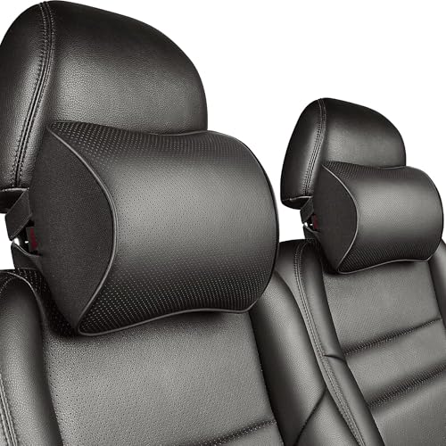 Aukee Car Headrest Pillow with Genuine Leather Cover Memory Foam Neck Cushion with 4 Extension...