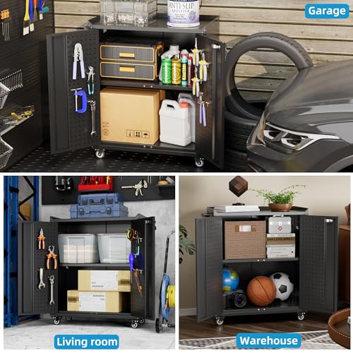 Image of Aobabo 31.5 inch H Garage Storage Cabinet with Wheels,Lockable Metal Storage Cabinet with 2 Doors for Garage Home Office Storage,Black,Assembly Required