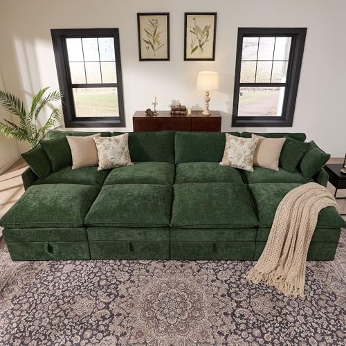 Image of Ihanherry 8 Seater Sectional Sofa Bed, Oversized Modular Cloud Couch with Ottomans, Chenille Sleeper Couches(Dark Green)