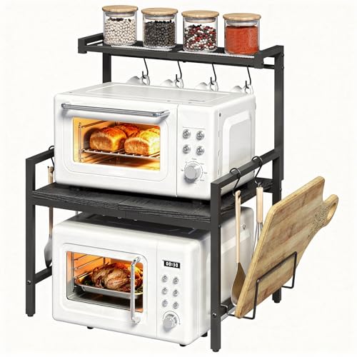 MAHANCRIS Mikrowellen Regal 2-stufig Regal über mikrowelle Mikrowellenständer mit Schneidebretthalter Küchenaufbewahrung Organizer mit 8 Haken Regal für die Küche Schwarz ABRBK5301