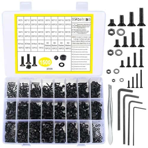 1500 Stk Innensechskantschrauben Muttern und Unterlegscheiben Sortiment Kit, M2 M3 M4 M5 Senkkopfschraube, Flachkopf Maschinenschrauben, Zylinderschrauben Muttern Unterlegscheiben Set(1500 schwarz)