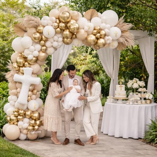 Baptism Decorations First Communion Decorations Balloons Kit,146 Pcs White Sand Gold Matte Neutral Nude Balloons for First Holy Communion Decorations God Bless Christening Party Birthday Supplies by Tesochye - Used condition - Image 5