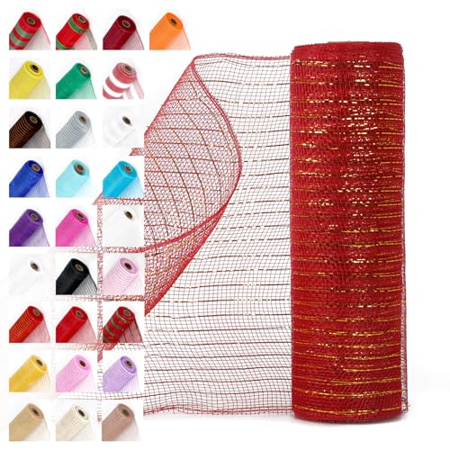 Mesh Ribbon for Wreaths 10 Inch x 30 Foot Deco Mesh Ribbon Rolls with Shiny Metallic FOI for Door DIY Craft Halloween Wedding Party Easter Christmas Wedding Home Decor and Gift Wrapping (Red)