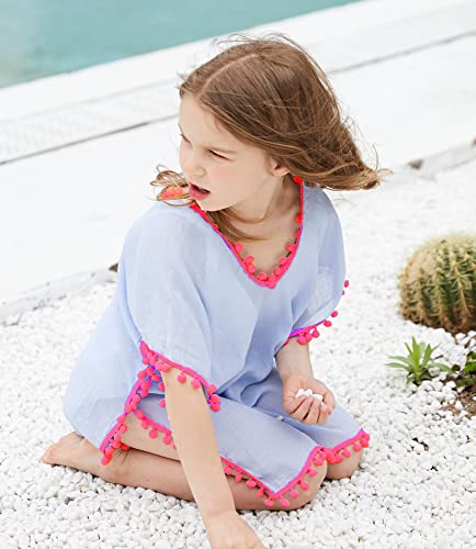 MissShorthair Girls Swim Cover Up Beach Swimwear Coverup Swimsuit Wraps with Pom Pom Trim - Thumbnail 4