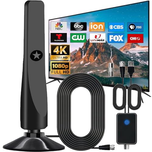 TV Antenna for Smart TV Indoor 300+ Miles Long Range with Amplifier Signal Booster, 2025 Upgraded HDTV Antenna 360 Reception Portable, Support 8K 4K 1080P All TVs, Coaxial Cable