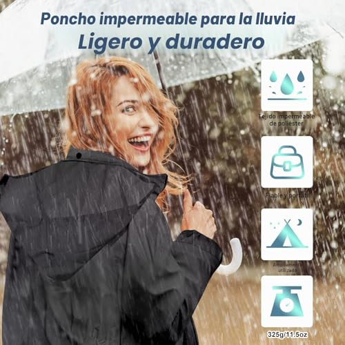 Poncho de lluvia impermeable con cremallera y cordón ajustable para senderismo 3