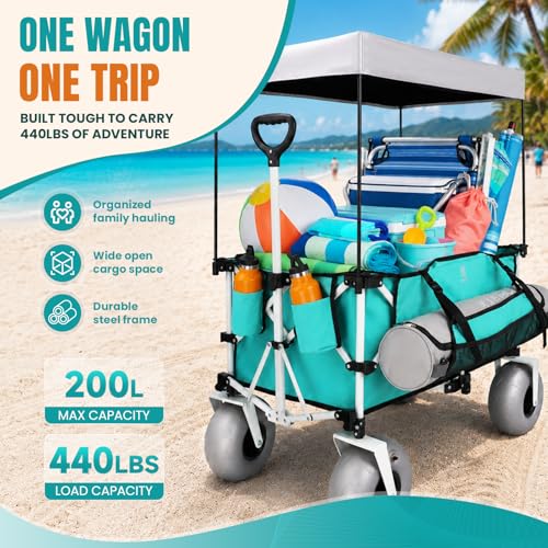 Image of Navatiee Beach Wagon with Big Balloon Wheels for Sand, 200L Extra Large Beach Cart with Canopy, 440Lbs Heavy Duty Folding Wagon Collapsible with 9 inch Tires & Side Pocket for Beach, Outdoor, Light Blue
