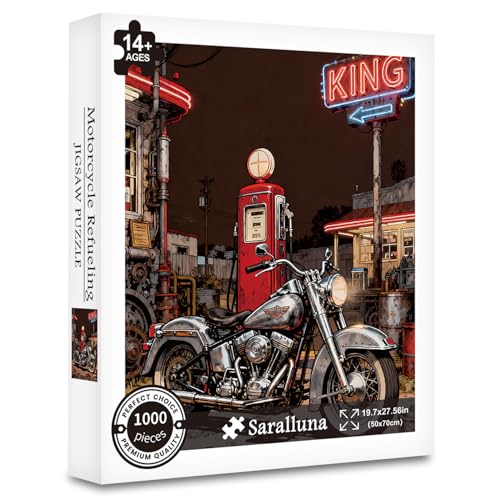 Rompecabezas para adultos de 1000 piezas: Motocicleta en una gasolinera, arte de cómics estadounidenses, incluye bolsa de almacenamiento, decoración para pared, 27,5" x 19,6" miniatura 7