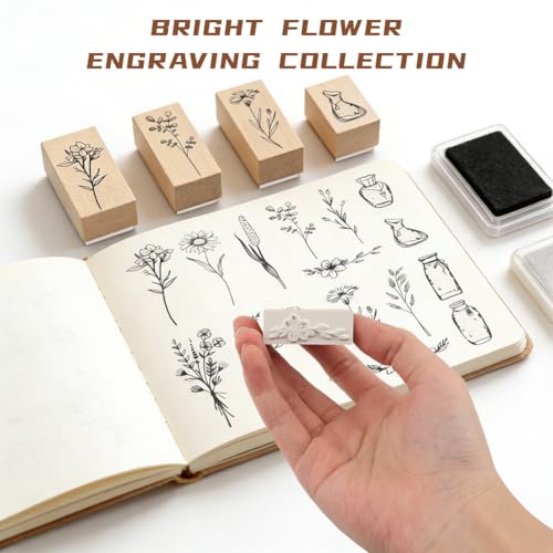 16 Pcs Stamps for Crafting,2 Styles Plant and Flower Retro Decorative Mounted Wooden Rubber Stamp Set for DIY Art and Craft Journals Scrapbooking - Thumbnail 3