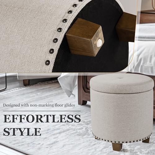 Image of HomePop 18.5 inch Round Storage Ottoman with Nailheads - Light Brown Fabric