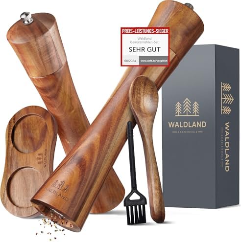 WALDLAND® Salz und Pfeffermühle aus Holz mit Untersetzer sehr Gross (25,5 cm) | Gewürzmühlen mit hochleistungs - Keramikmahlwerk | Pfeffer und Salzmühle Set