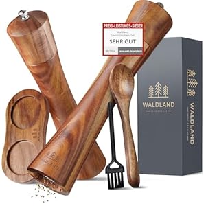 WALDLAND® Wooden Salt and Pepper Mill with Saucer Very Large (25,5 cm) Spice Mill with High Performance Ceramic Grinder Pepper and Salt Mill Set