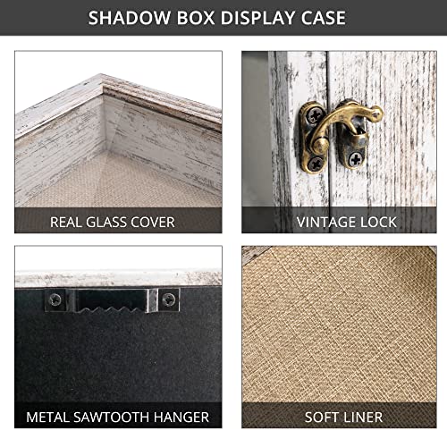 Image of GraduationMall 8x8 Wood Shadow Box Frame Glass Door Display Case with Linen Back and 6 Stick Pins,1.5 inches Interior Depth,Ideal for Memorabilia Pictures Flowers Medals Tickets Rustic White