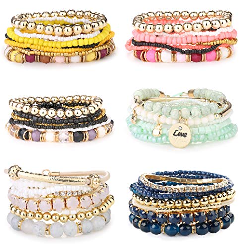 Subiceto 6 Set Bohemian Stackable Bead Bracelets for Women Multilayered Stretch Bangles Charm Pendant Bracelet Set