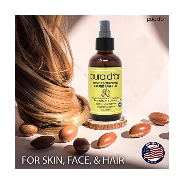 PURA D'OR Organic Moroccan Argan Oil (4oz / 118mL) USDA Certified 100% Pure Cold Pressed Virgin Premium Grade Moisturizer Treatment for Dry, Damaged Skin, Hair, Face, Body, Scalp (Packaging may vary)