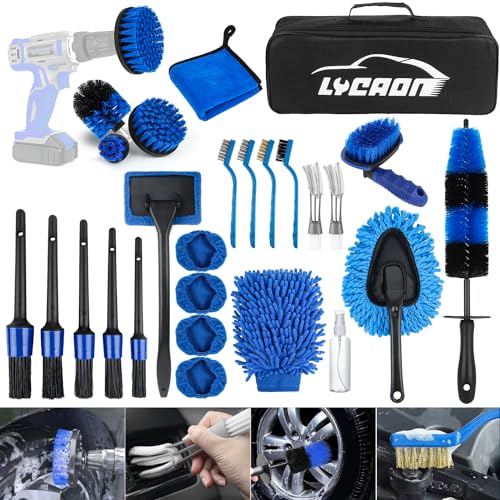LYACON 28PCS Car Detailing Kit – Car Cleaning Wash Brush Set, Auto Interior Detailing Washing Brush Kit Tool, Car Cleaning Supplies, Exterior Wheel Drill Brush, Automotive Tools Detailing Brushes