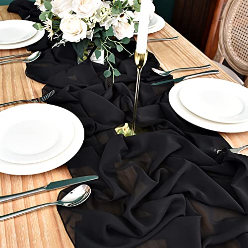 Dolopl 10Ft Black Chiffon Table Runner Wedding Table Runner,29X120 Inches Gauze Table Runner,Rustic Sheer Table Decor For Romantic Bridal Shower, Baby Shower, Birthday Party Cake Table #TOP1