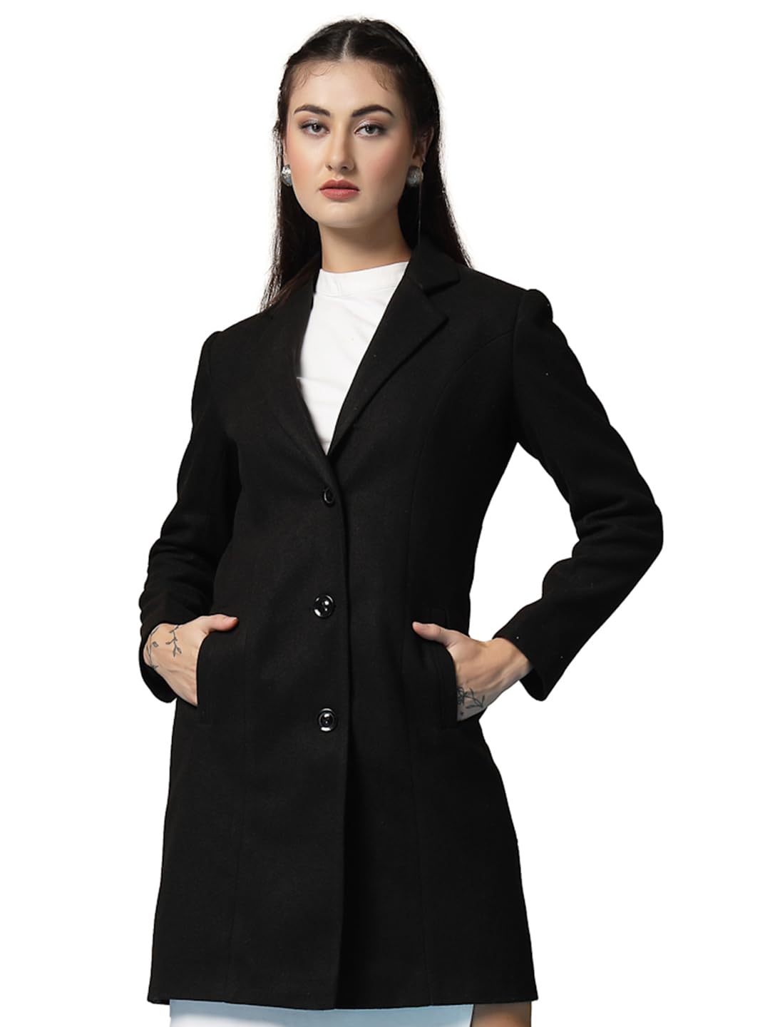 Women Wool Stylish Winter Coat Single Breasted,Long Length Trench Overcoat With Collar & Convenient Front Side Pockets,Suitable As An Elegant Formal Or Semi Formal Wear