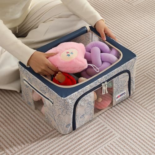 Image of HOKIPO 24L(S) Wardrobe Organiser for Storage of Clothes, 600D Oxford Fabric Storage Box, Blue Blossom Pack of 1 (AR-6484-BLU)