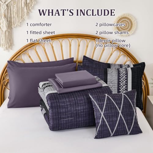 Image of Dintszyayue Purple Cal King Comforter Size Set, 8 Pieces Boho Striped Texture Bed in a Bag Sets, Lightweight Soft Bohemian Comforter and Sheet Set, All Season Microfiber Bedding Sets for Men Women