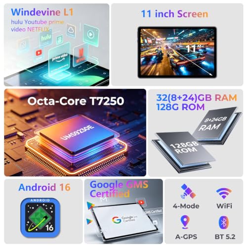 Image of Android Tablet 11 inch, Android 16 with 32GB RAM + 128GB ROM and 8000 mAh