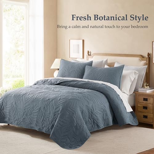 R.SHARE Dusty Blue Queen Size Quilt Set, Soft Lightweight Bedspread, Farmhouse Rustic Country Coverlet, Leaf Pattern Bedding with 2 Shams, 3 Pieces Spring Summer Thin Comforter by R.SHARE - Used condition - Image 3
