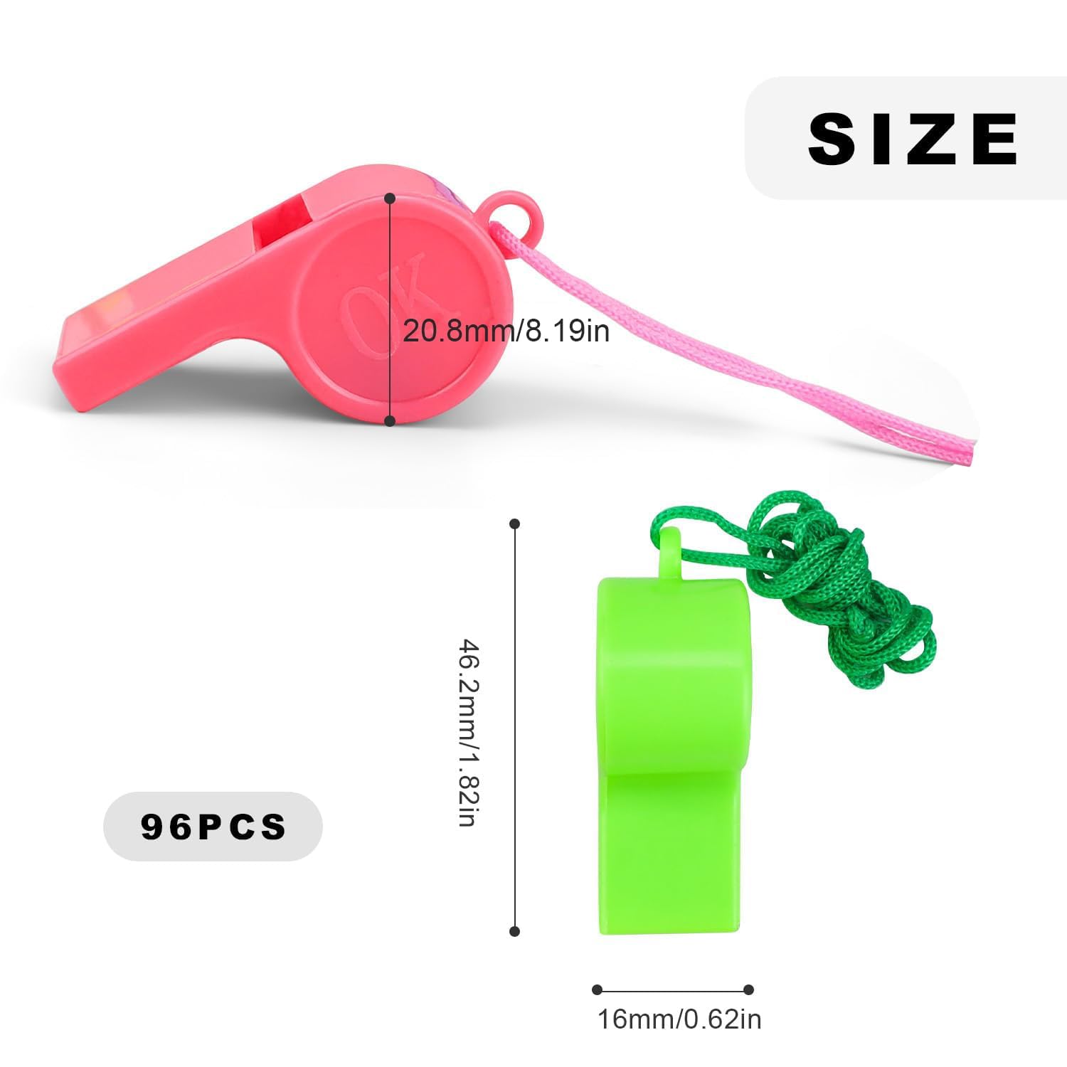 96 Pièces Sifflet de Couleur en Plastique, Sifflet Arbitre avec Cordon pour Suspendre, Siflet Urgence Puissant, pour Arbitres, Enseignants, Camping, Formation Sécurité, Activités Extérieure